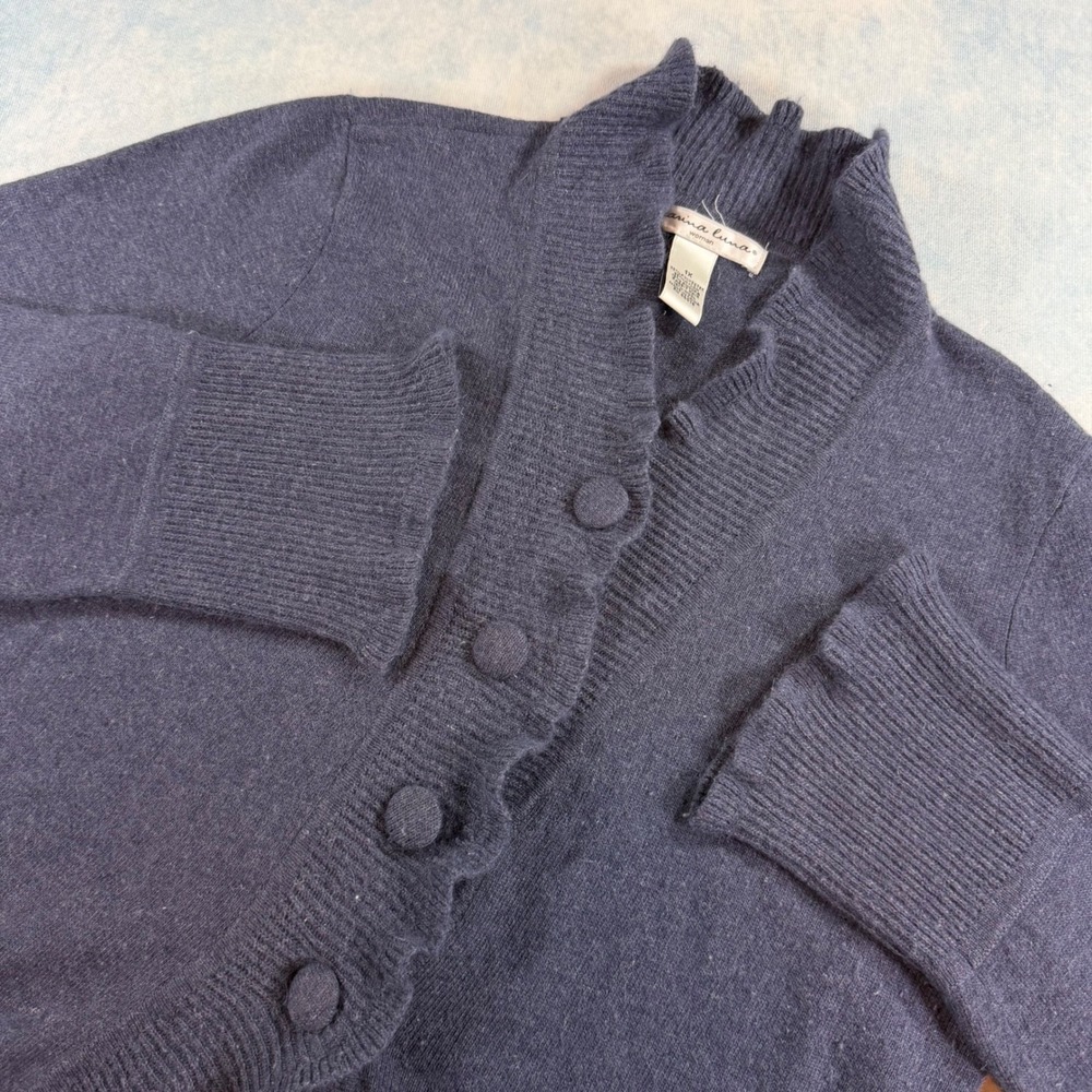 Marina Luna Cardigan Sweater Women 1X Navy Blue Excellent Ruffle Trim Angora